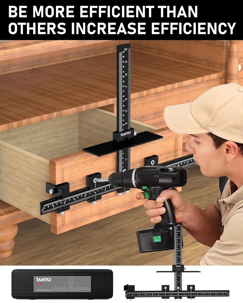 TANYO cabinet hardware jig clamped to a cabinet door for drilling handle holes